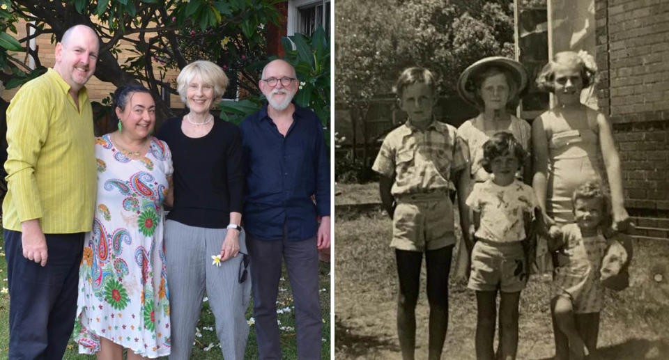 A photo of Benjamin and his wife Pamela (left) who now own the flat posing with Meg and Jed (right) just outside it. Another photo in the exact same spot of Meg as a young child with her family.