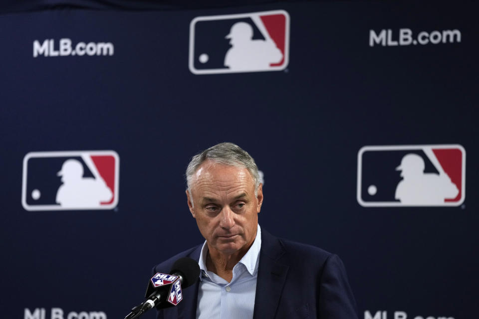 Major League Baseball commissioner Rob Manfred speaks during a baseball spring training media day Thursday, Feb. 15, 2024, in Tampa, Fla. (AP Photo/Charlie Neibergall)