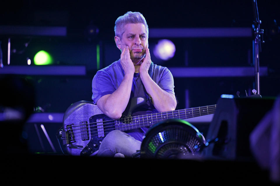 Mike Gordon, bassist for the band Phish warms up before rehearsing for the group's four night engagement at the Sphere on Tuesday, April 16, 2024, in Las Vegas. (AP Photo/David Becker)