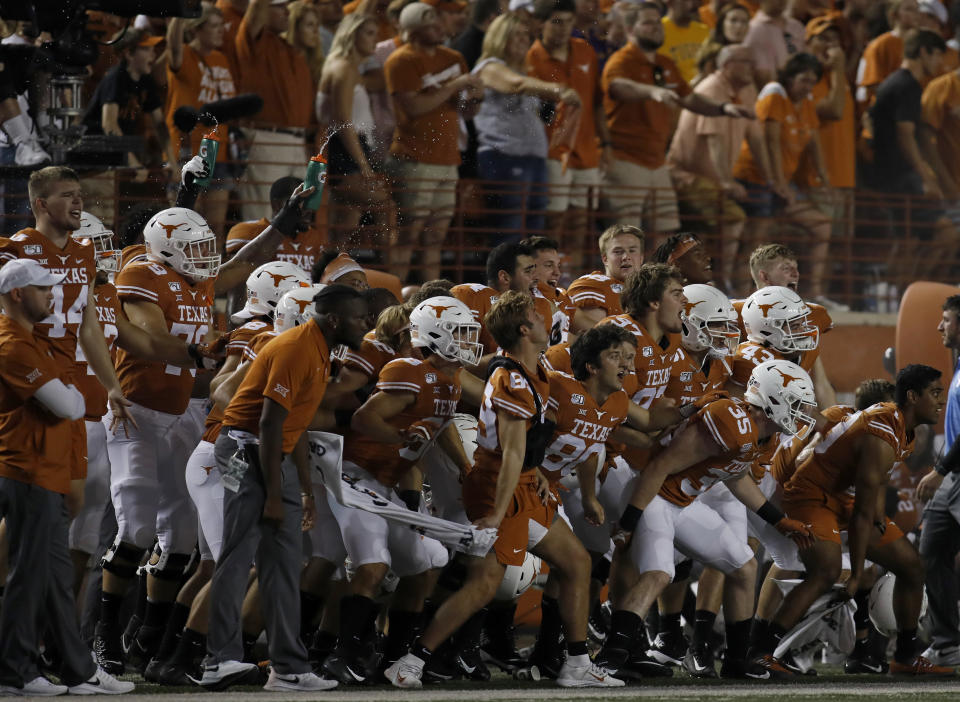 Texas Longhorns players watch action against the LSU Tigers Saturday Sept. 7, 2019 at Darrell K Royal-Texas Memorial Stadium in Austin, Tx. LSU won 45-38. ( Photo by Edward A. Ornelas )