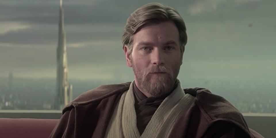 Younger Obi-Wan Kenobi sitting in Jedi outfit