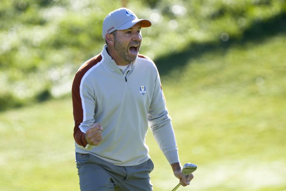 Team Europe's Sergio Garcia reacts after making a putt on the ninth hole during a foursomes match the Ryder Cup at the Whistling Straits Golf Course Saturday, Sept. 25, 2021, in Sheboygan, Wis. (AP Photo/Charlie Neibergall)