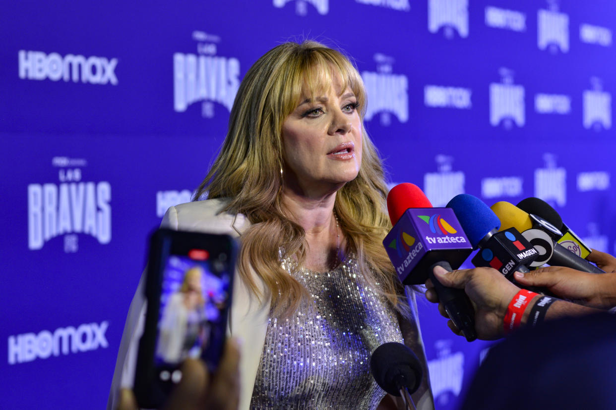 MEXICO CITY, MEXICO - MAY 05: Erika Buenfil speaks to media on the red carpet for HBO Max Mexican series 