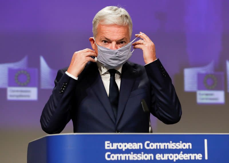 EU Commissioners Reynders and Johansson hold a news conference in Brussels