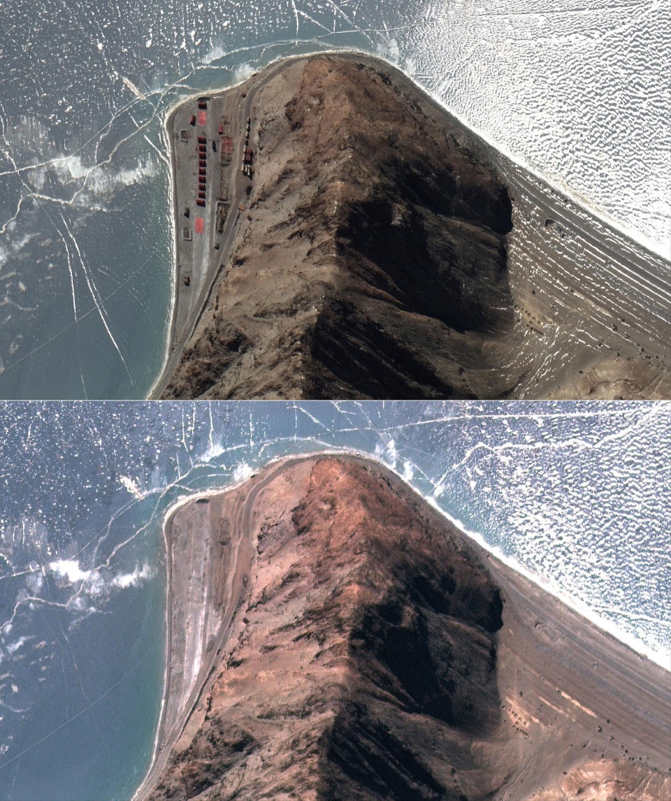 This combination of images released by Maxar Technologies shows an area at Pangong Tso with troops deployed on Jan. 30, top, and with deployment removed on Feb. 16 along the disputed India-China border in Ladakh region. China’s military said Friday that four of its soldiers were killed in the high-mountain border clash with Indian forces last year, the first time Beijing has publicly conceded its side suffered casualties in the deadliest incident between the Asian giants in nearly 45 years. The announcement, coming more than six months after the bloody hand-to-hand fighting, should help global audiences “understand the truth and the right and wrong of the incident," Chinese Foreign Ministry spokesperson Hua Chunying said. (Maxar Technologies via AP)