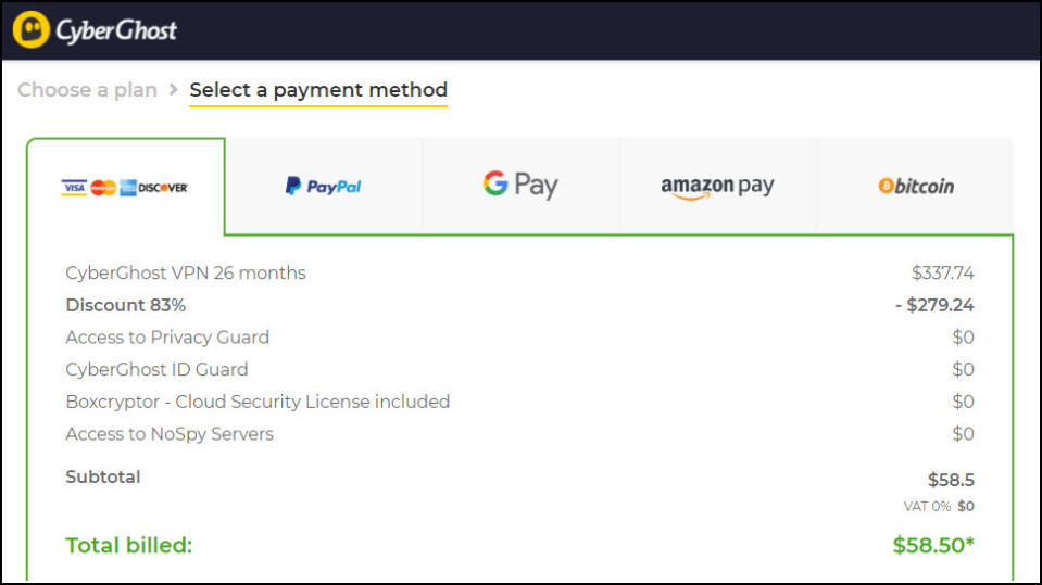 CyberGhost Payment Page