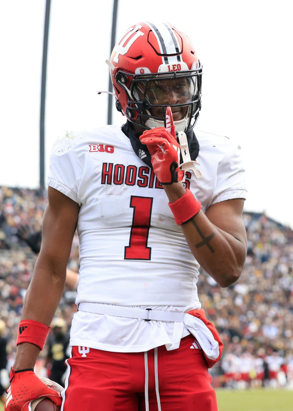 WEST LAFAYETTE, INDIANA - NOVEMBER 25: Donaven McCulley #1 of the Indiana Hoosiers celebrates after a touchdown during the first half in the game against the Purdue Boilermakers at Ross-Ade Stadium on November 25, 2023 in West Lafayette, Indiana. (Photo by Justin Casterline/Getty Images)