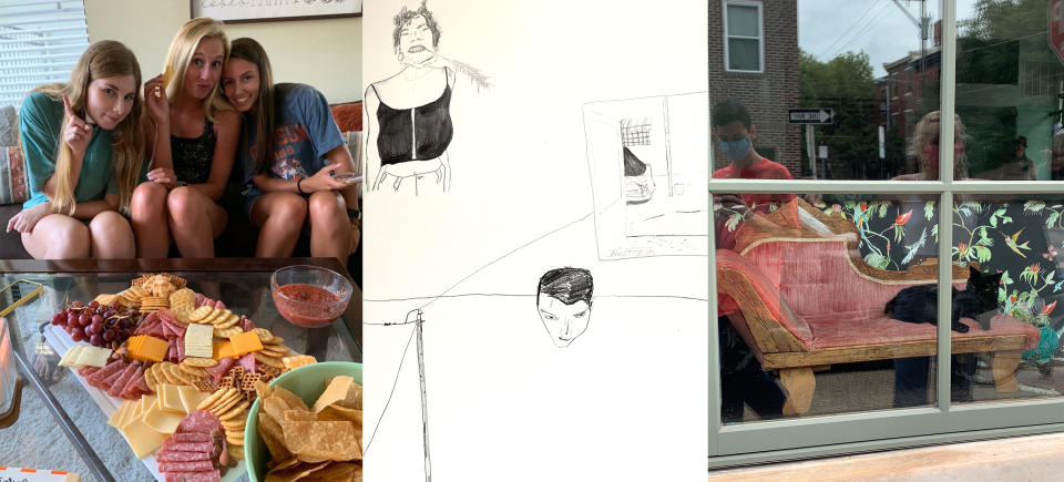 Clemson University sophomore Elizabeth Rew's roommates pose alongside a charcuterie board they made together; A drawing by Temple university student Kyle Caruthers of his living space, including his roommate, a self portrait, and the street he lives on; Caruthers and a friend, wearing masks, document a lounging cat<span class="copyright">Courtesy Elizabeth Rew; Courtesy Kyle Caruthers (2)</span>