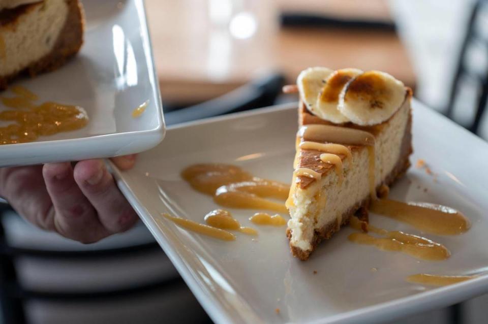 Roots offers a bananas Foster cheesecake with caramelized banana and rum sauce.