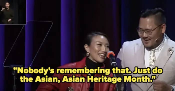 Jeannie onstage with quote "Nobody's remembering that; just do the Asian, Asian Heritage Month" in the caption