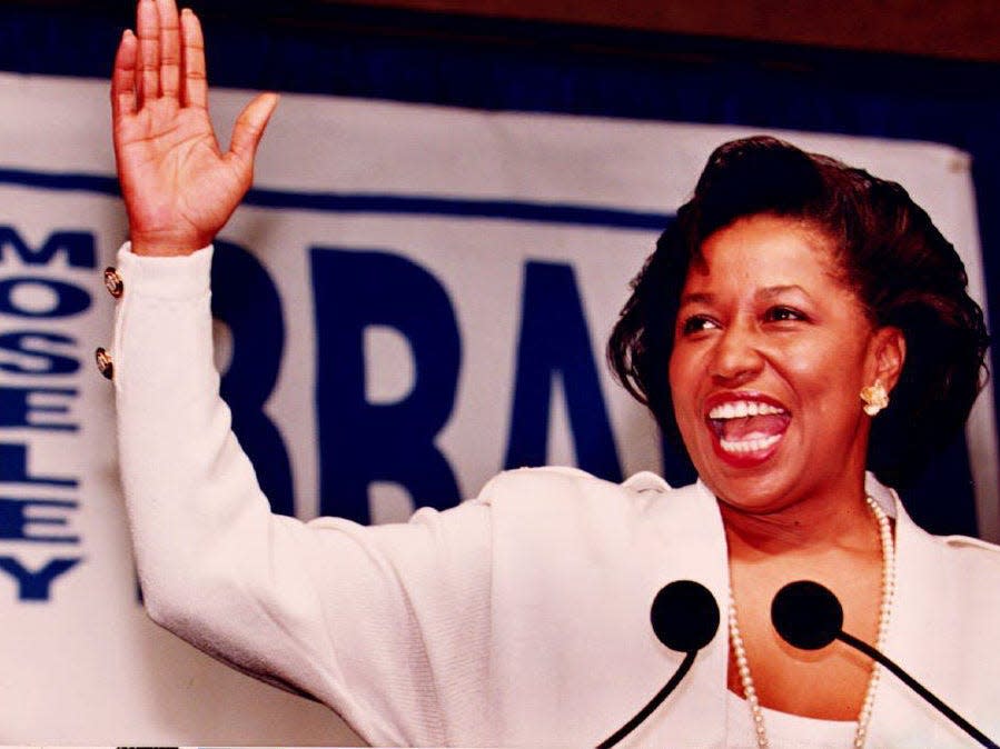 US Senator-elect Carol Moseley Braun declares her victory as the first African-American woman elected to the US Senate 03 November 1992