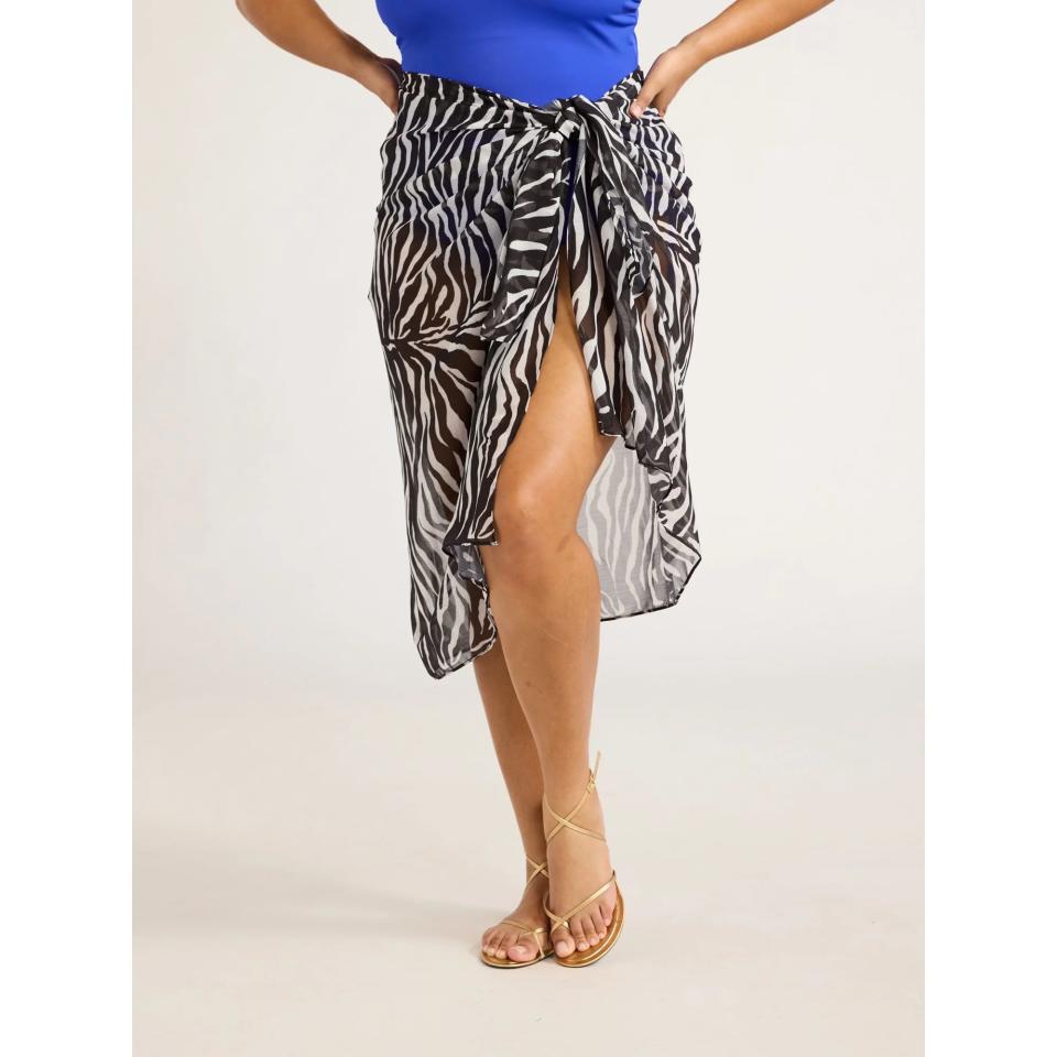 model wearing zebra coverup with blue one piece