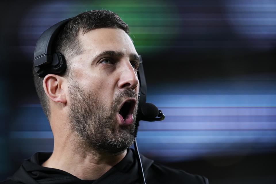 Philadelphia Eagles head coach Nick Sirianni shouts during the second half of an NFL football game against the Minnesota Vikings on Thursday, Sept. 14, 2023, in Philadelphia. (AP Photo/Matt Slocum)