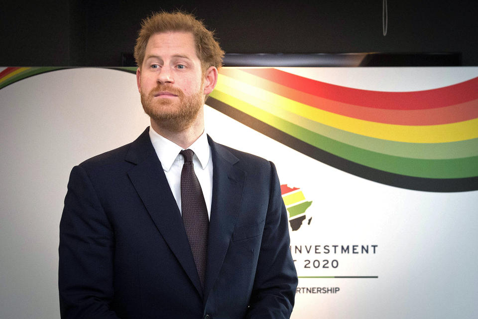 Britain's Prince Harry, Duke of Sussex, reacts as he waits to greet a guest during the UK-Africa Investment Summit in London on January 20, 2020. (Photo by Stefan Rousseau / POOL / AFP) (Photo by STEFAN ROUSSEAU/POOL/AFP via Getty Images)
