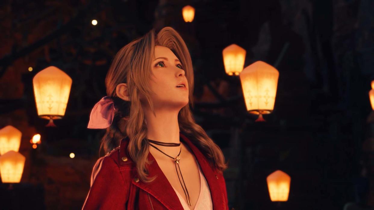  Aerith is surrounded by fire lanterns in Final Fantasy 7 Rebirth. 