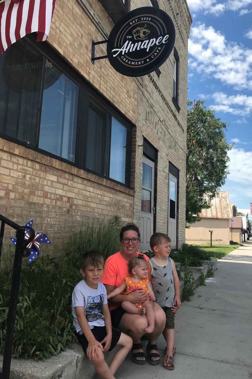 Ashley Holda is joined by her children, Hudson, Faith and Nash, outside The Ahnapee Creamery and Cafe, which will be not only a breakfast and lunch place when it opens July 1 but also Luxemburg's only coffee and ice cream shop.