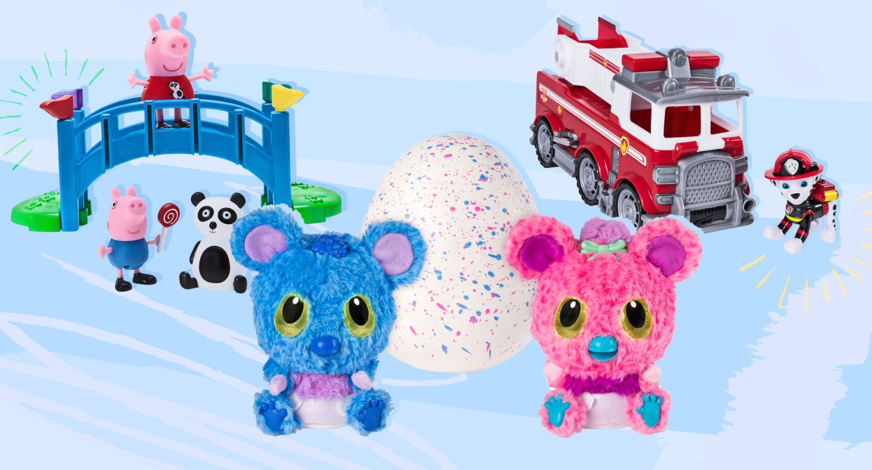 From left, the Peppa Pig Fun Fair Playset, Hatchimal HatchiBabies, and the PAW Patrol Ultimate Rescue Fire Truck are just a few of the toys kids are craving this holiday season. (Image: Quinn Lemmers for Yahoo Lifestyle/Walmart)