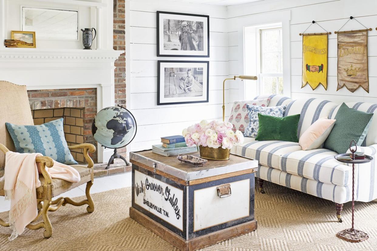 a white living room with cool vintage finds