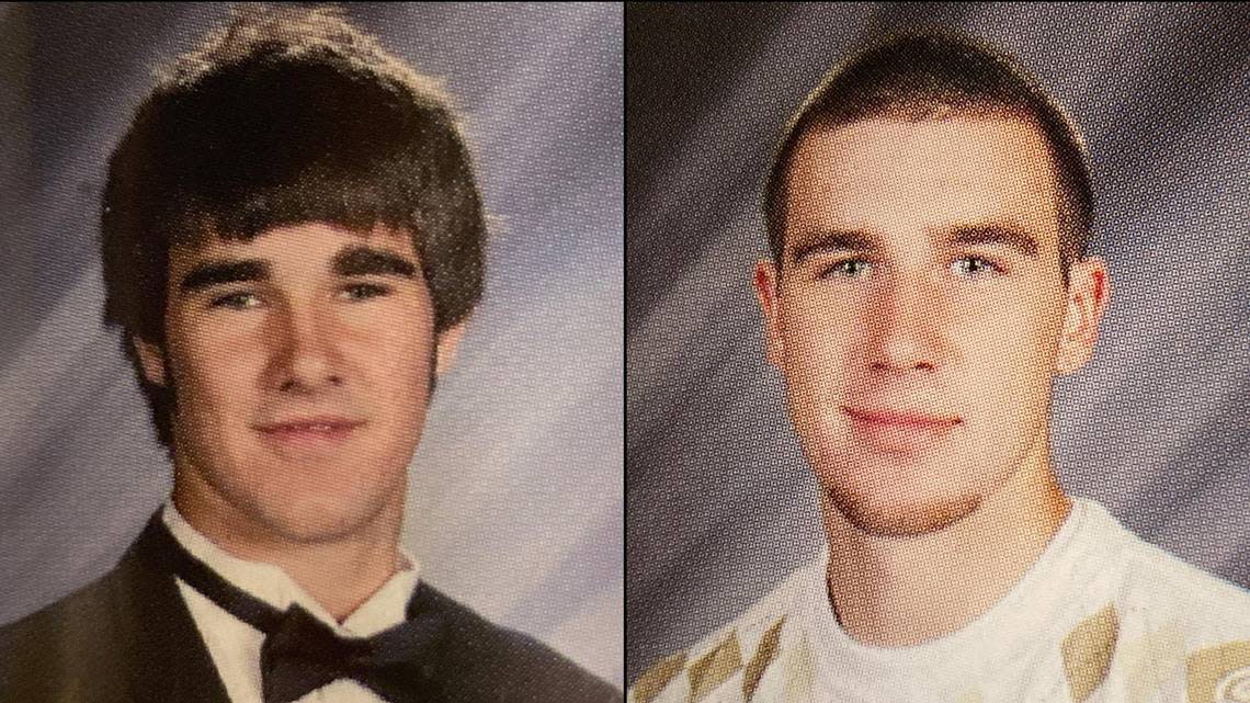 Heights High yearbook photos of Jason Kelce, left, and Travis Kelce. Jason graduated in 2006; Travis in 2008.