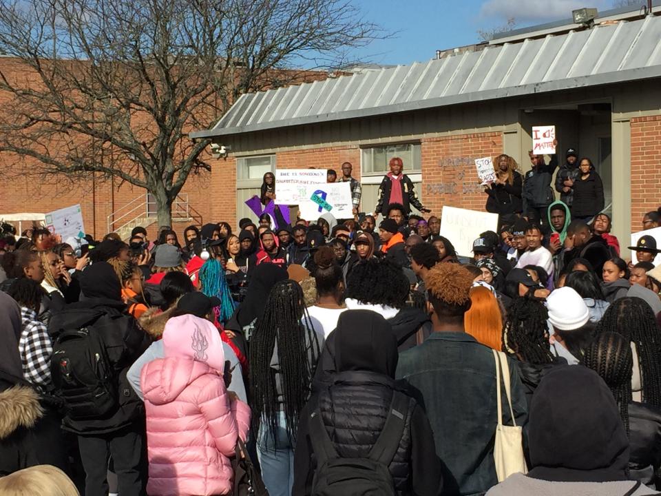 Delaware State University students took to their own Dover campus to protest Wednesday afternoon, Jan. 18, 2023. Over 200 students gathered in front of the public safety building, calling for change within the Delaware State University Police Department.