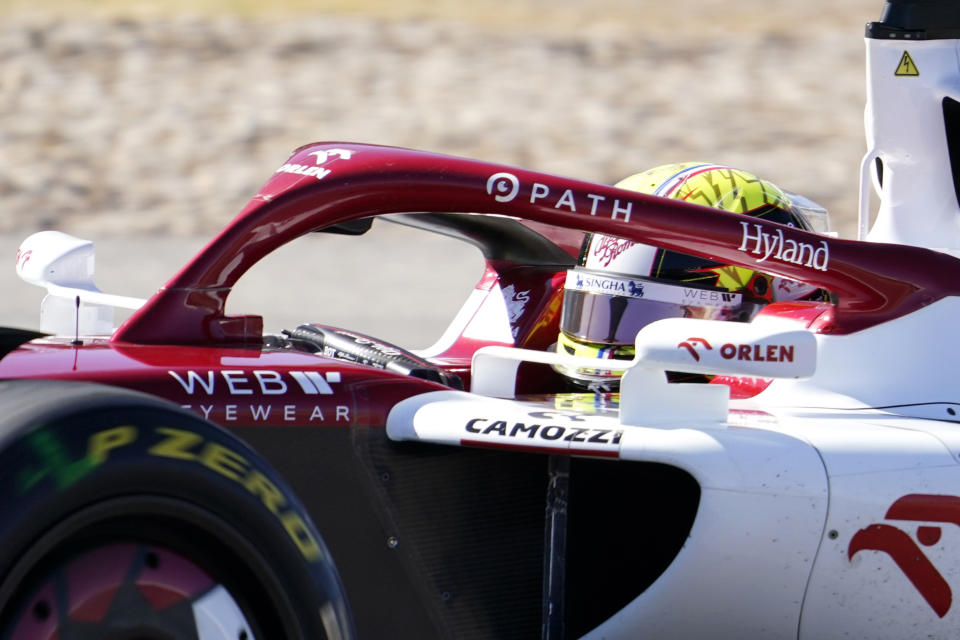 FILE - Alfa Romeo test driver Theo Pourchaire, of France, drives during a practice session for the Formula One U.S. Grand Prix auto race at Circuit of the Americas, Friday, Oct. 21, 2022, in Austin, Texas. Pourchaire faces a new challenge after his IndyCar debut in going from the streets of Long Beach to the road course at Barber Motorsports Park in Alabama. The 20-year old Frenchman, who is the reigning Formula 2 champion, gets his second turn racing for injured Arrow McLaren driver David Malukas on Sunday. (AP Photo/Charlie Neibergall, File)