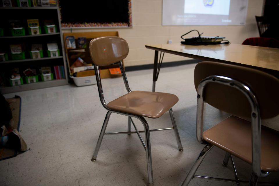A chair is left empty in a third grade classroom at Goodlettsville Elementary School in Nashville on May 15.