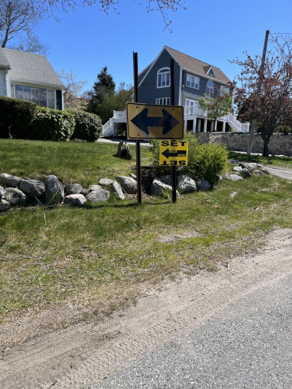 A sign points toward the set of "Finestkind," a crime thriller being shot in Scituate, on Saturday, April 30, 2022.