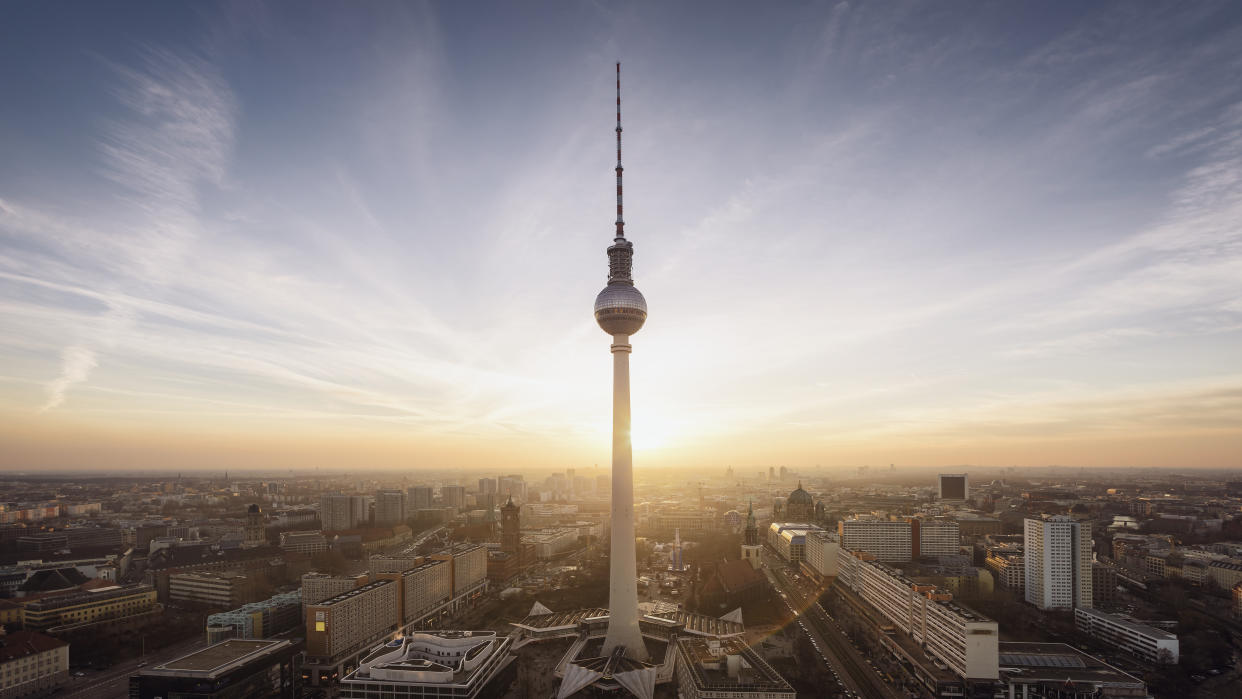 The skyline of Berlin with the Fernsehturm (TV tower) in the foreground.