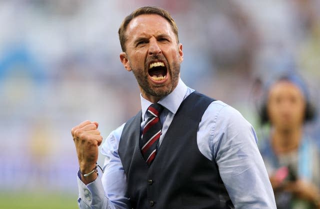 England manager Gareth Southgate celebrates victory after the World Cup quarter-final win over Sweden in 2018