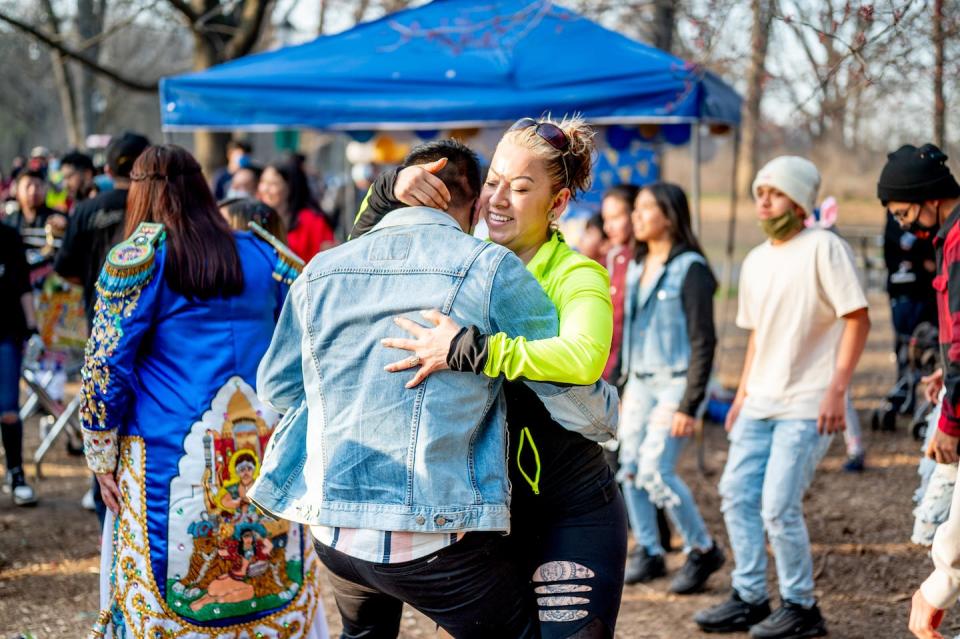 Mexicans and Mexican-Americans who live in Brooklyn, New York, celebrate a birthday in Prospect Park on April 4, 2021. <a href="https://www.gettyimages.com/detail/news-photo/man-and-woman-dance-as-men-in-a-traditional-mexican-news-photo/1310826559?phrase=Mexican%20brooklyn&adppopup=true" rel="nofollow noopener" target="_blank" data-ylk="slk:Roy Rochlin/Getty Images;elm:context_link;itc:0;sec:content-canvas" class="link ">Roy Rochlin/Getty Images</a>
