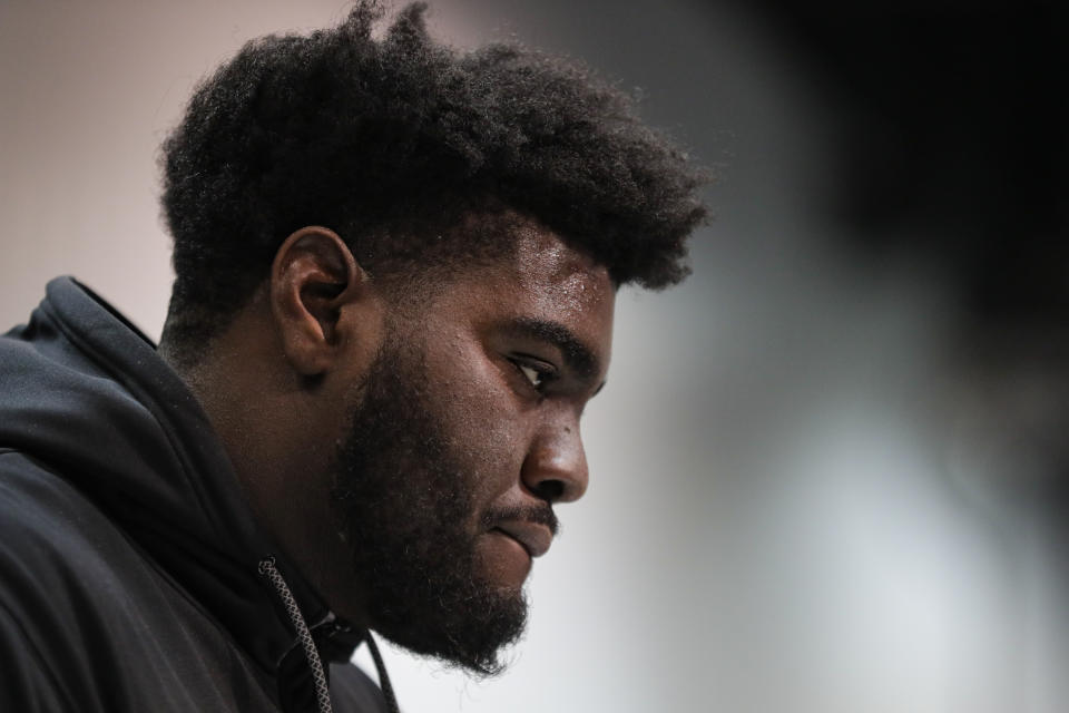 Louisville offensive lineman Mekhi Becton speaks during a press conference at the NFL football scouting combine in Indianapolis, Wednesday, Feb. 26, 2020. (AP Photo/Michael Conroy)