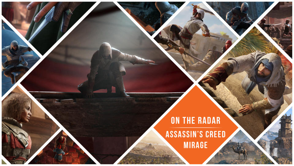 GamesRadar+'s 'On the Radar' hub header image for Assassin's Creed Mirage, featuring a number of screenshots of Baghdad, hero Basim, his mentor Roshan, and other characters.