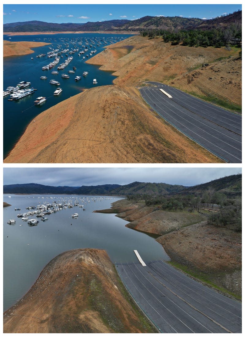 Houseboats on Lake Oroville in April 2021 (top) vs. February 2023 (bottom). 