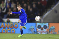 Leicester's Harvey Barnes shoots to score his side's second goal during an English Premier League soccer match between Leicester City and Nottingham Forest at the King Power Stadium in Leicester, England, Monday, Oct. 3, 2022. (AP Photo/Leila Coker)
