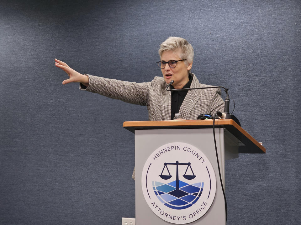 Hennepin County Attorney Mary Moriarty speaks at a news conference Monday, June 3, 2024, in Minneapolis, on her decision to dismiss the politically heated case of a Minnesota state trooper who shot a motorist to death. She said she dropped the charges because she no longer thought she could win a conviction against Trooper Ryan Londregan, who killed Ricky Cobb II as he tried to pull away from a traffic stop July 31. She said a newly raised defense claim that Londregan believed that Cobb was reaching for Londregan's gun and other new evidence made the case impossible to prove. (AP Photo/Steve Karnowski)