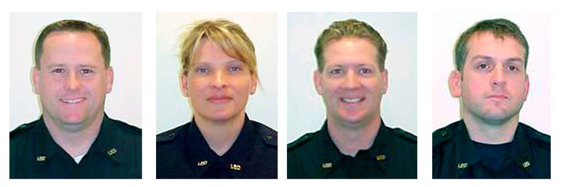 This combination of photos provided by the city of Lakewood shows, from left to right, Lakewood police officers Greg Richards, 42, Tina Griswold, 40, Ronald Owens, 37, and Sgt. Mark Renninger, 39. The four were killed when a gunman opened fire on them at a Parkland coffee shop on Sunday, Nov. 29, 2009.