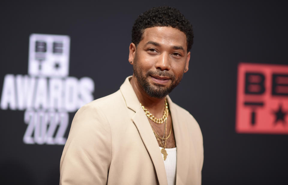 FILE - Jussie Smollett arrives at the BET Awards, June 26, 2022, in Los Angeles. Smollett’s drawn out legal saga begins anew Tuesday, Sept. 12, 2023, when an Illinois appeals court will hear oral arguments that the former “Empire” actor’s convictions for staging a racist, homophobic attack against himself in 2019 and then lying about it to Chicago police should be tossed. (Photo by Richard Shotwell/Invision/AP, File)