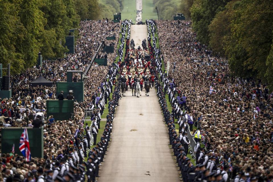 The cortege carrying the coffin of Queen Elizabeth II arrives outside Windsor Castle in Windsor, England.