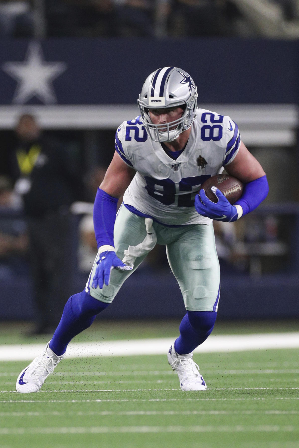 FILE – In this Oct. 10, 2019, file photo, Dallas Cowboys' Jason Witten (82)  warms up before an …