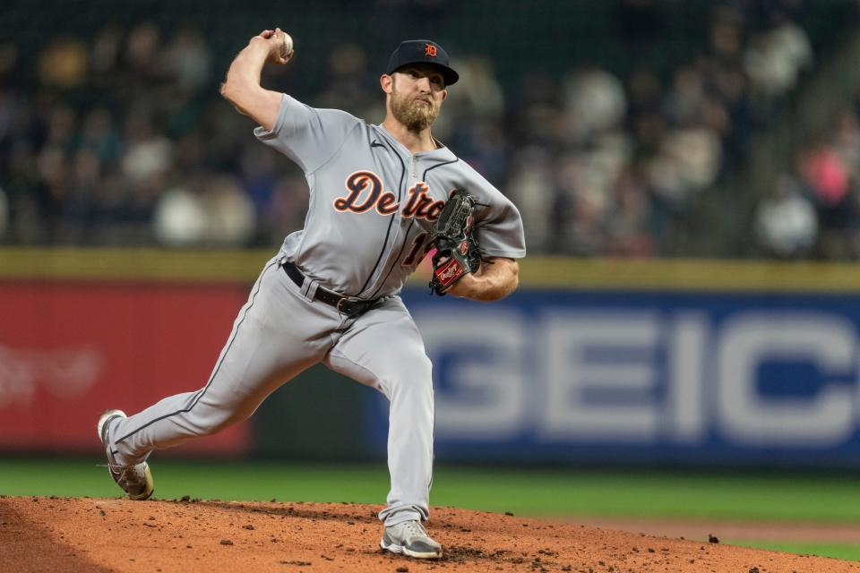 Tigers pitcher Will Vest throws to a Mariners batter during the first inning of the second game of the doubleheader on Tuesday, Oct. 4, 2022, in Seattle.