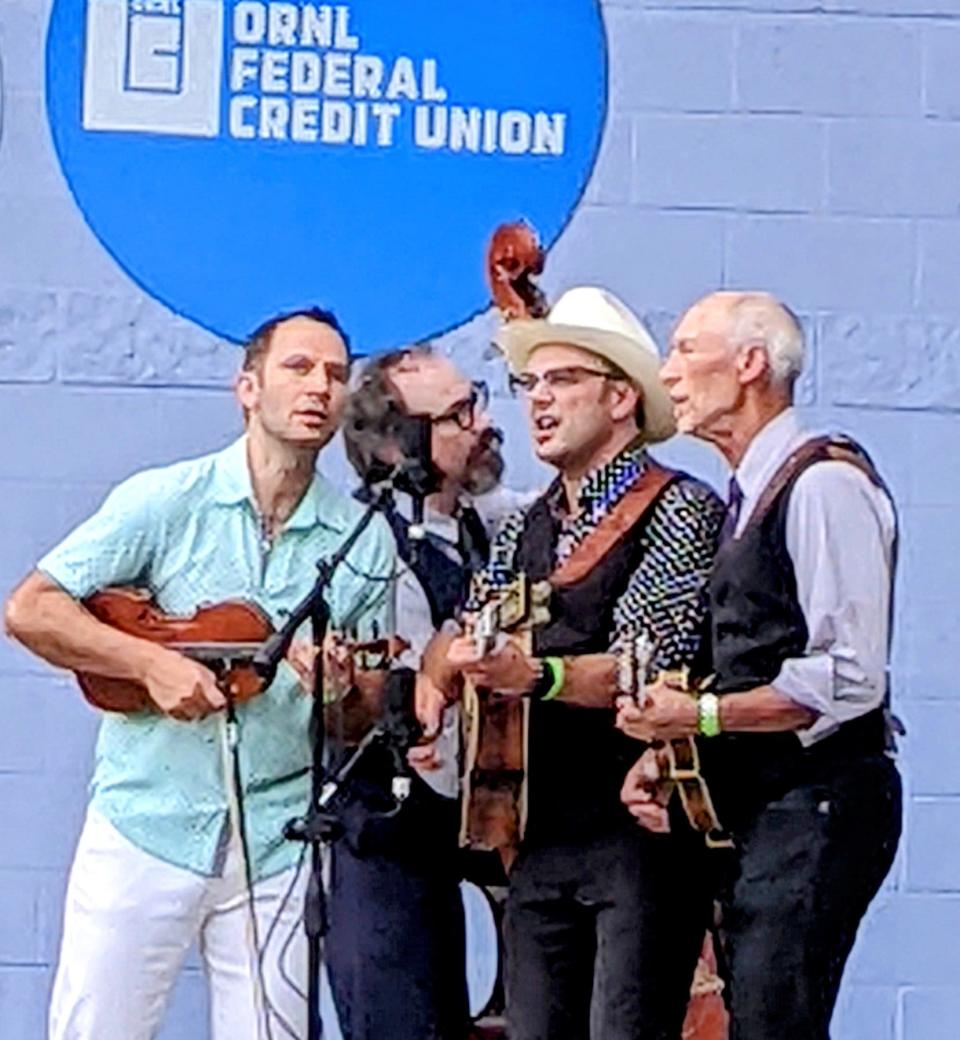 Barnstar! on stage. Left to right:  Jake Armerding, fiddle.  Zachariah Hickman, bass.  Mark Erelli, guitar.  Taylor Armerding, mandolin.