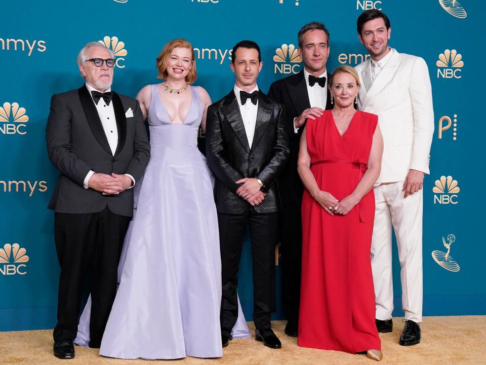 Brian Cox, Sarah Snook, Jeremy Strong, Matthew Macfadyen, J. Smith-Cameron, and Nicholas Braun, winners of Outstanding Drama Series for “Succession”, pose in the press room during the 74th Annual Primetime Emmy Awards held at the Microsoft Theater on September 12, 2022