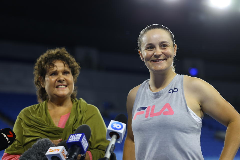 Ash Barty (pictured right) made an appearance with Evonne Goolagong Cawley (pictured left) speak to the media.