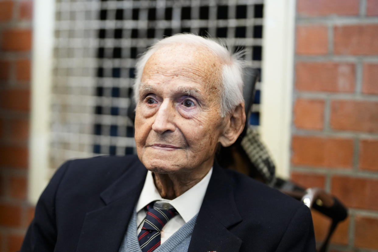 Leon Schwarzbaum, a 100-year-old Holocaust survivor attends the trial against a 100-year-old former concentration camp guard, at the court in Brandenburg, Germany, Thursday, Oct. 7, 2021. The 100-year-old accused man charged as an accessory to murder on allegations that he served as a guard at the Nazis' Sachsenhausen concentration camp during World War II. Schwarzbaum is a survivor of the Auschwitz death camp and the Buchenwald and Sachsenhausen concentration camps. (AP Photo/Markus Schreiber)