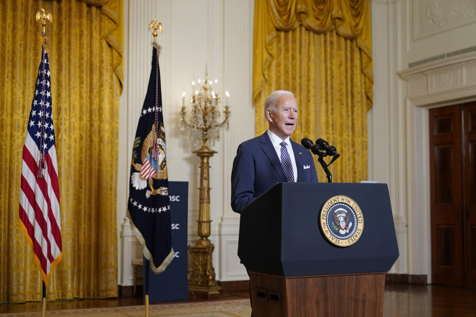 President Joe Biden speaks during a virtual event with the Munich Security Conference in the East Room of the White House, Friday, Feb. 19, 2021, in Washington. (AP Photo/Patrick Semansky)