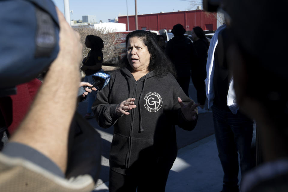 Nina Fernandez, whose son is an inmate at Ely State Prison, speaks to television reporters during a news conference outside the Nevada Department of Corrections Casa Grande Transitional Housing Center, Friday, Dec. 9, 2022 in Las Vegas. A group, including members of prison reform organization Return Strong, gathered to support the inmates at Ely State Prison who are on a hunger strike over what they say are abusive and violent conditions there.(Ellen Schmidt/Las Vegas Review-Journal via AP)