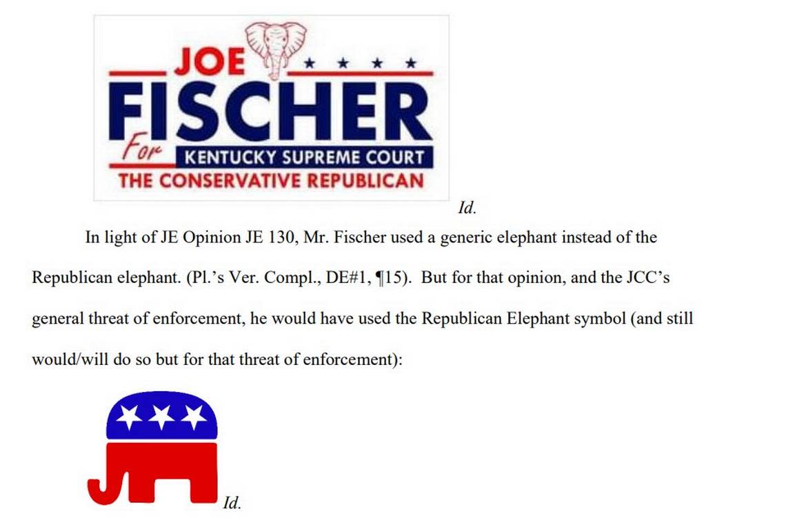 Above is a section of Fischer’s lawsuit against the Judicial Conduct Commission wherein his legal team describes the difference between a “generic elephant” and the official Republican Elephant symbol. They argue use of the “generic elephant” should be allowed, though the official symbol is off limits.