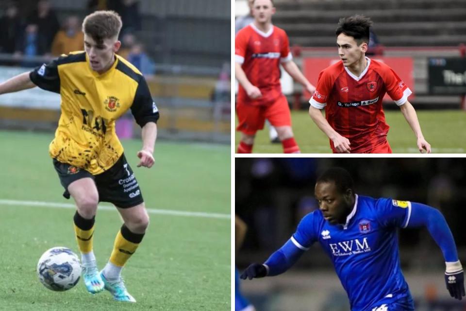 Kai Nugent, left, came off the bench in Annan's vital win, while Sam Hetherington, top right, got another start for Workington. Bottom right, Olufela Olomola was among the ex-Blues on target on Saturday <i>(Image: Joe Saunders / Ben Challis / PA)</i>