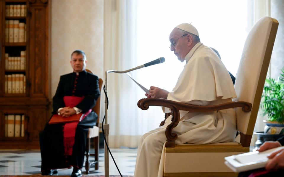 Pope Francis delivers his weekly general audience from the library in the Apostolic Palace - Vatican Media/Handout/Reuters