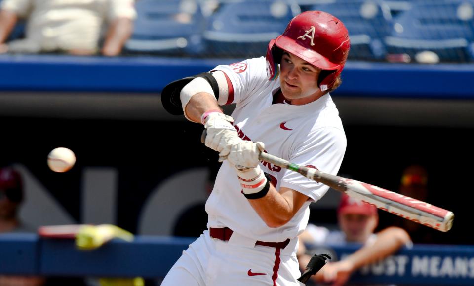 May 22 2024; Hoover, AL, USA; Arkansas batter Peyton Stovall zeroes in on a pitch against South Carolina at the Hoover Met during the SEC Tournament.